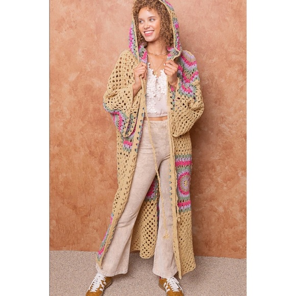 POL Tan & Lavender Crochet Granny Square Chenille Long Cardigan Relaxed Fit - Picture 8 of 13